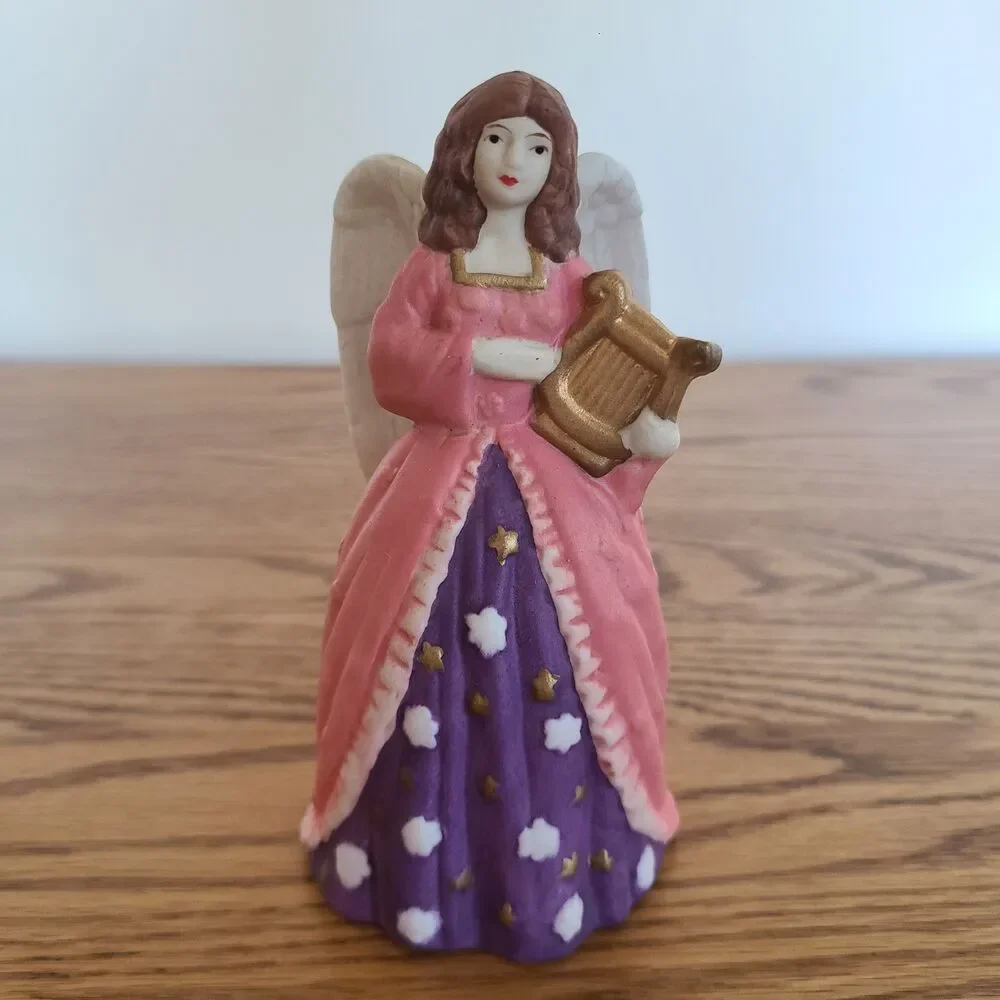 Vintage Hand Painted Bell Bisque Musical Angel Figurine With Pink Gown And Harp